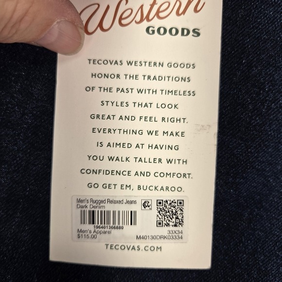 Tecovas Rugged Relaxed Jeans Mens 33x34 Dark Wash Blue Straight Zip Fly Denim - Picture 8 of 16